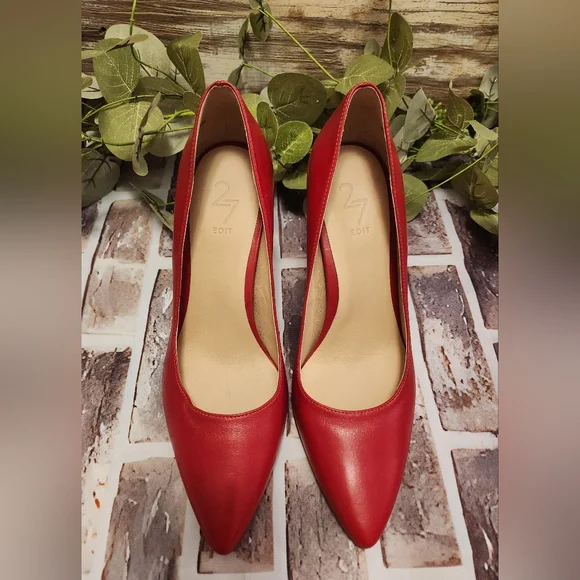 27 Edit Red Leather Pointed Toe Pumps Size 6 - Picture 3 of 10